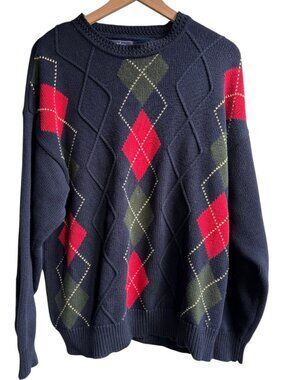 Men's Vintage Woods & Gray 100% Cotton Argyle Knit Sweater XL Classic Timeless